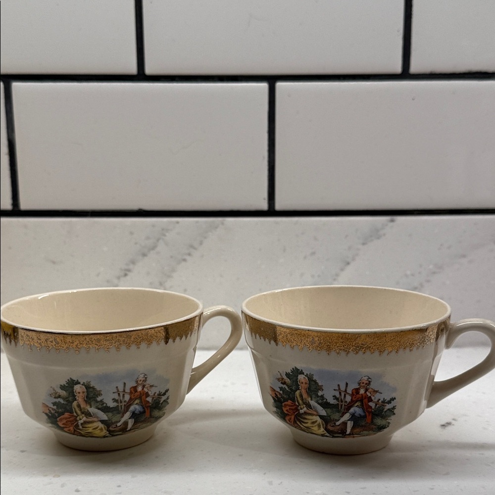 Cronin China Colonial Courting Couple Teacups w/ Gold Trim (Set of 2) [C]